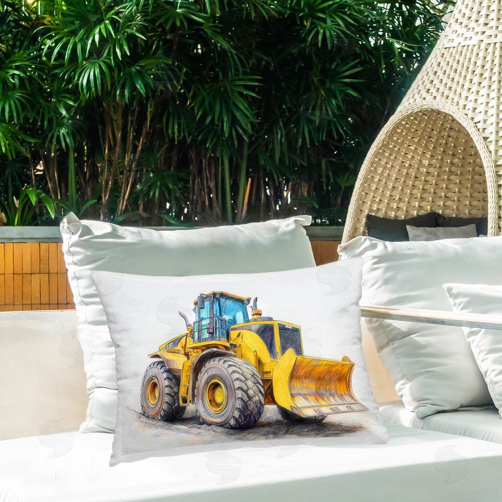Steve Hunziker Industrial Excavator Drawing Printed Throw Pillow on Patio