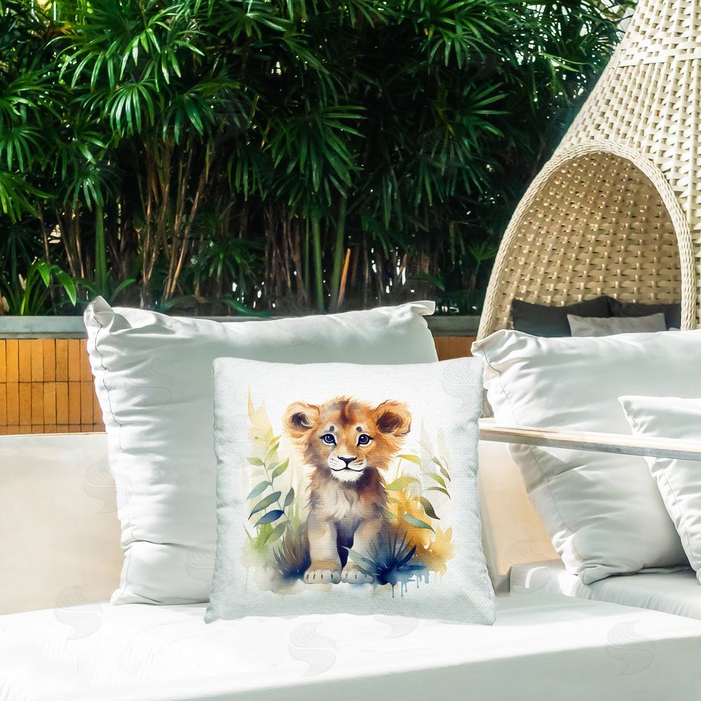 Steve Hunziker Crafty Critters Lion Outdoor Printed Throw Pillow on Patio
