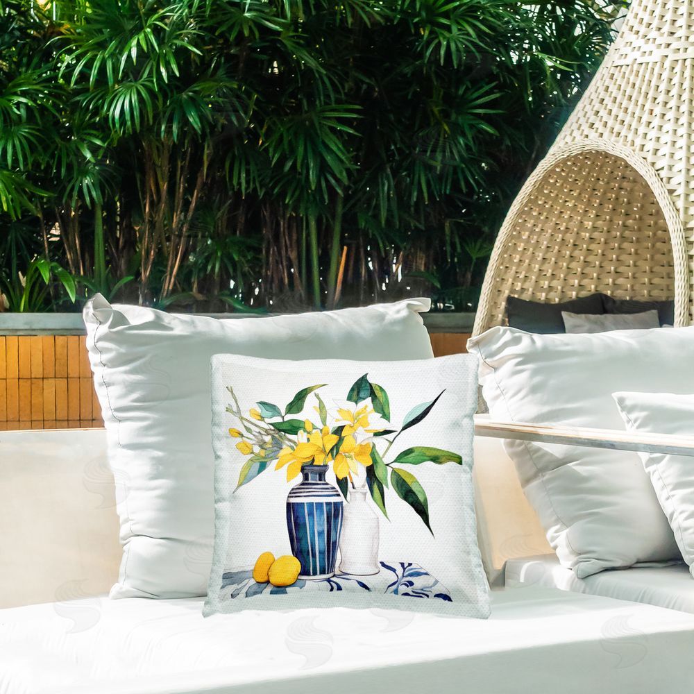 Ray Powers Lemons And Blooms Table Outdoor Printed Throw Pillow on Patio