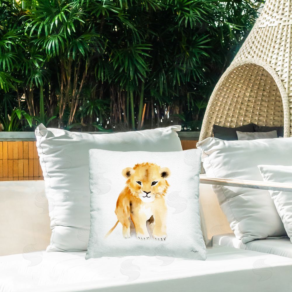 Roozbeh Minimal Lion Cub Outdoor Printed Throw Pillow on Patio