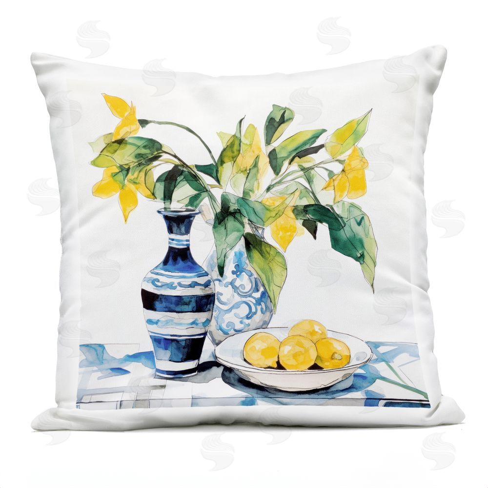 Ray Powers Lemons & Leaves Table Setting Outdoor Printed Throw Pillow