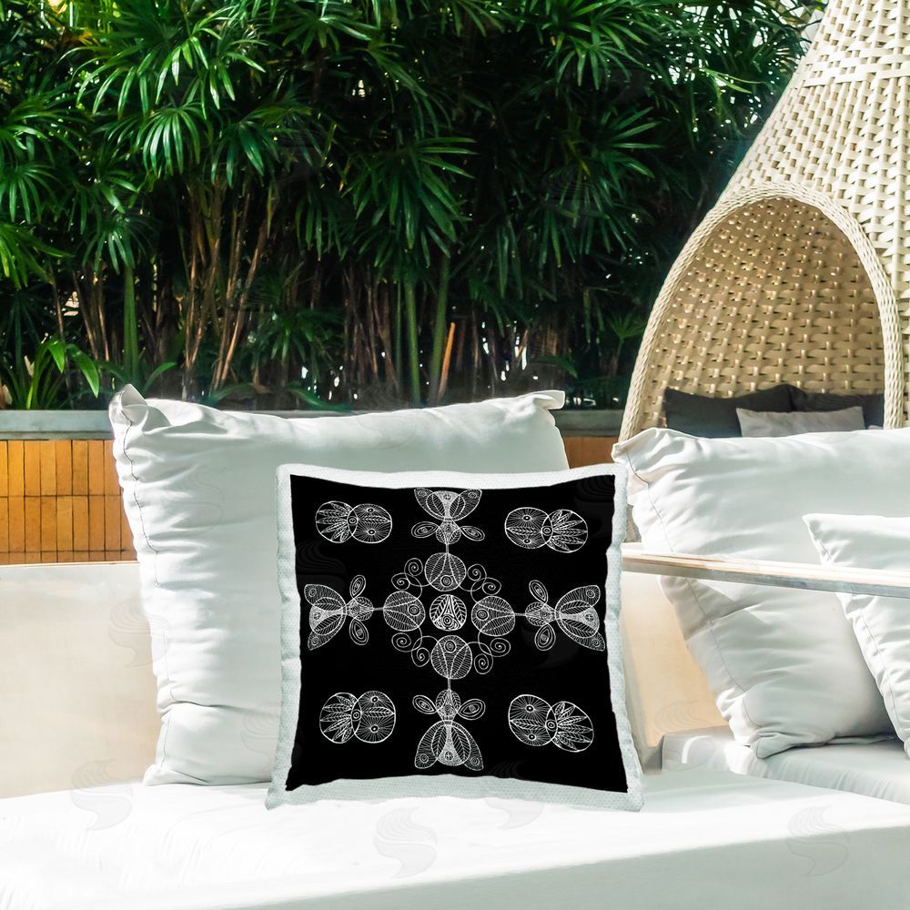 El Perkin Black & White Elemental Fractals Outdoor Printed Throw Pillow on Patio