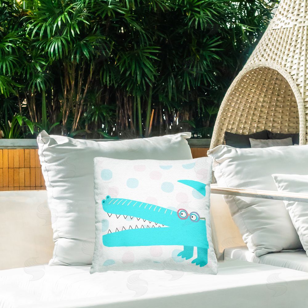 Carla Daly Electric Blue Crocodile Outdoor Printed Throw Pillow on Patio