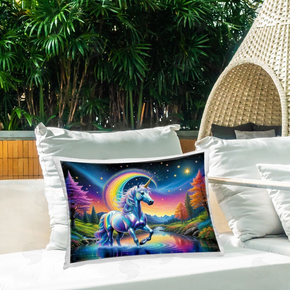Tabz Jones Rainbow Prism Unicorn Printed Throw Pillow on Patio