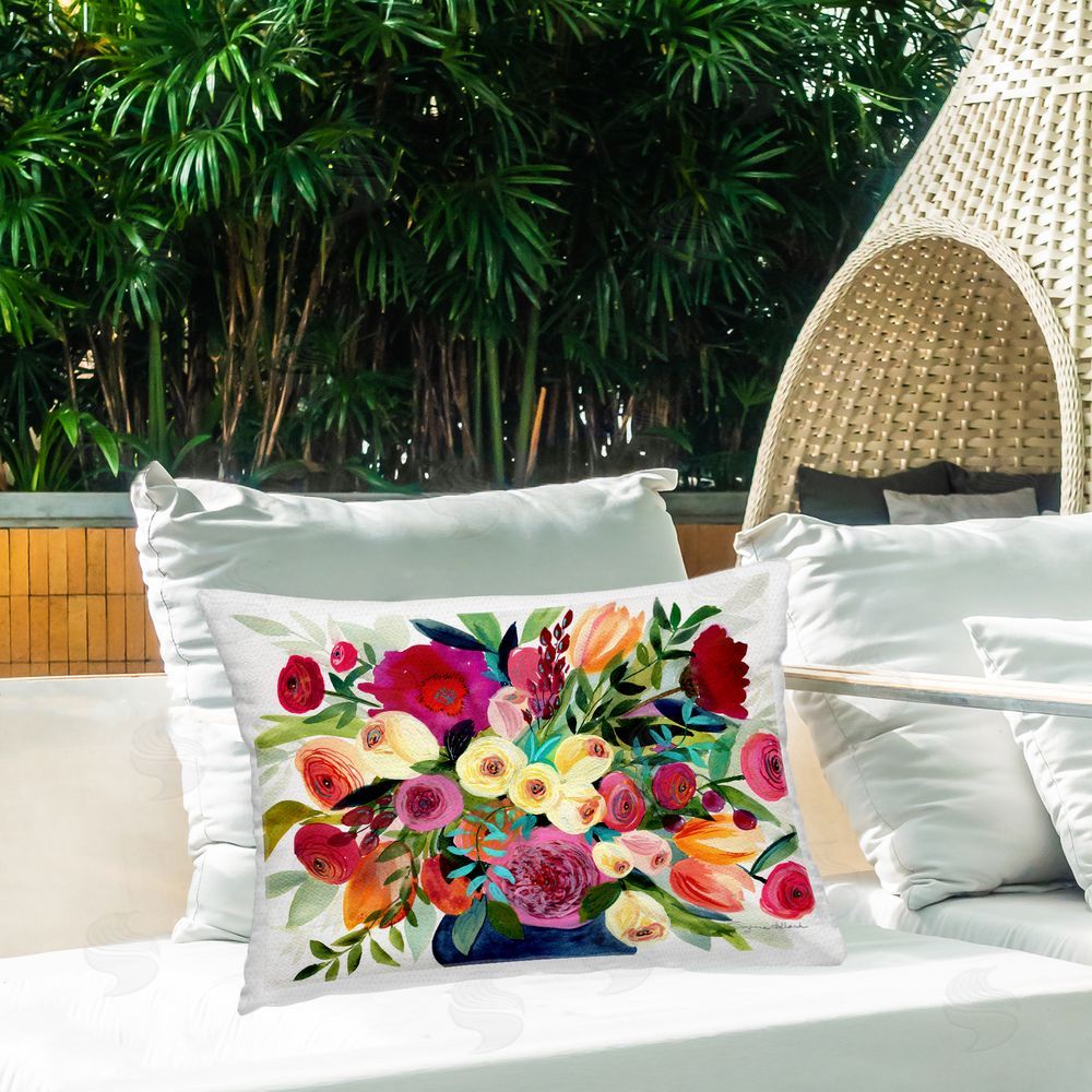 Suzanne Allard Morning Joy Bouquet Printed Throw Pillow on Patio