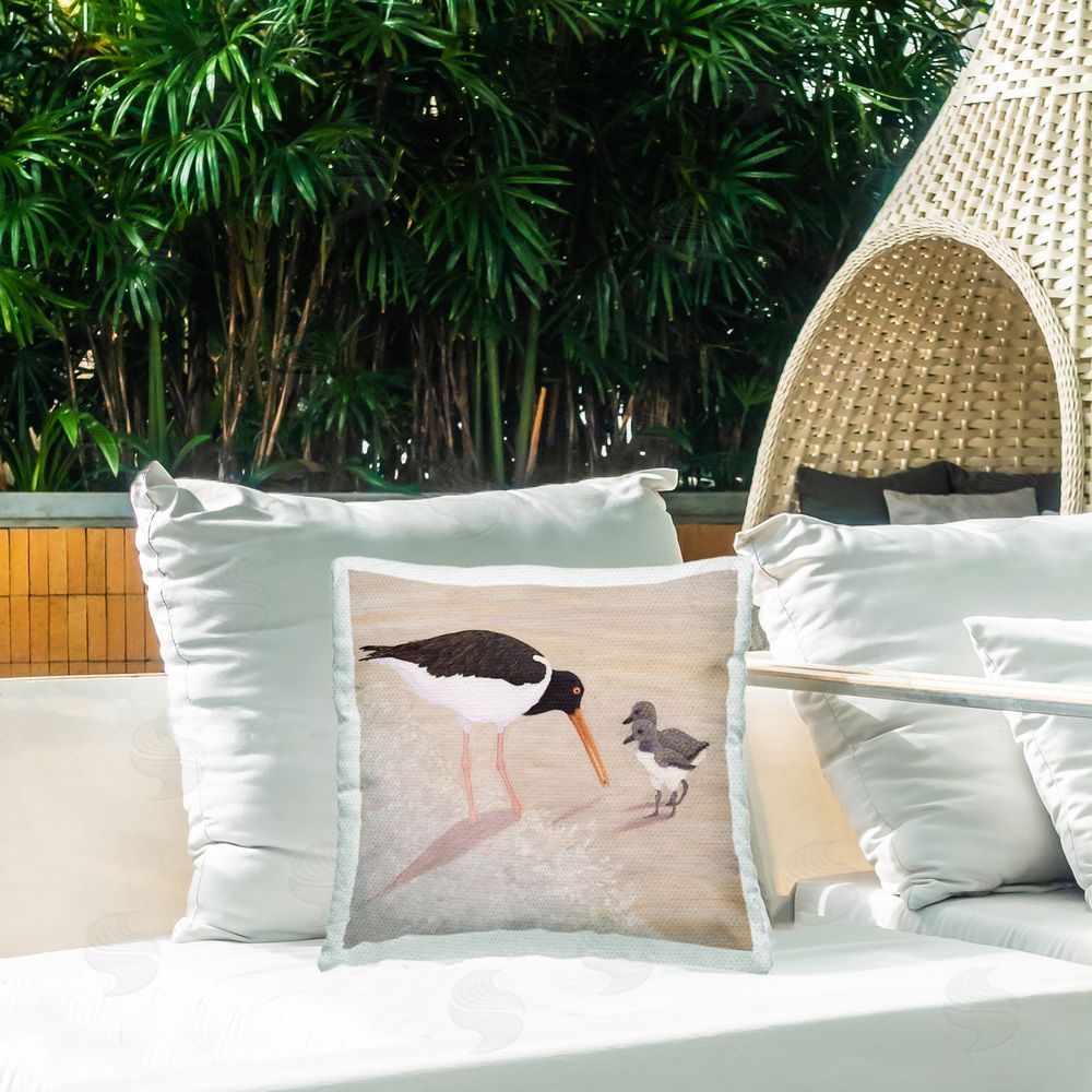 Barbara Fallenbaum American Oyster Catcher & Chicks Outdoor Printed Throw Pillow on Patio
