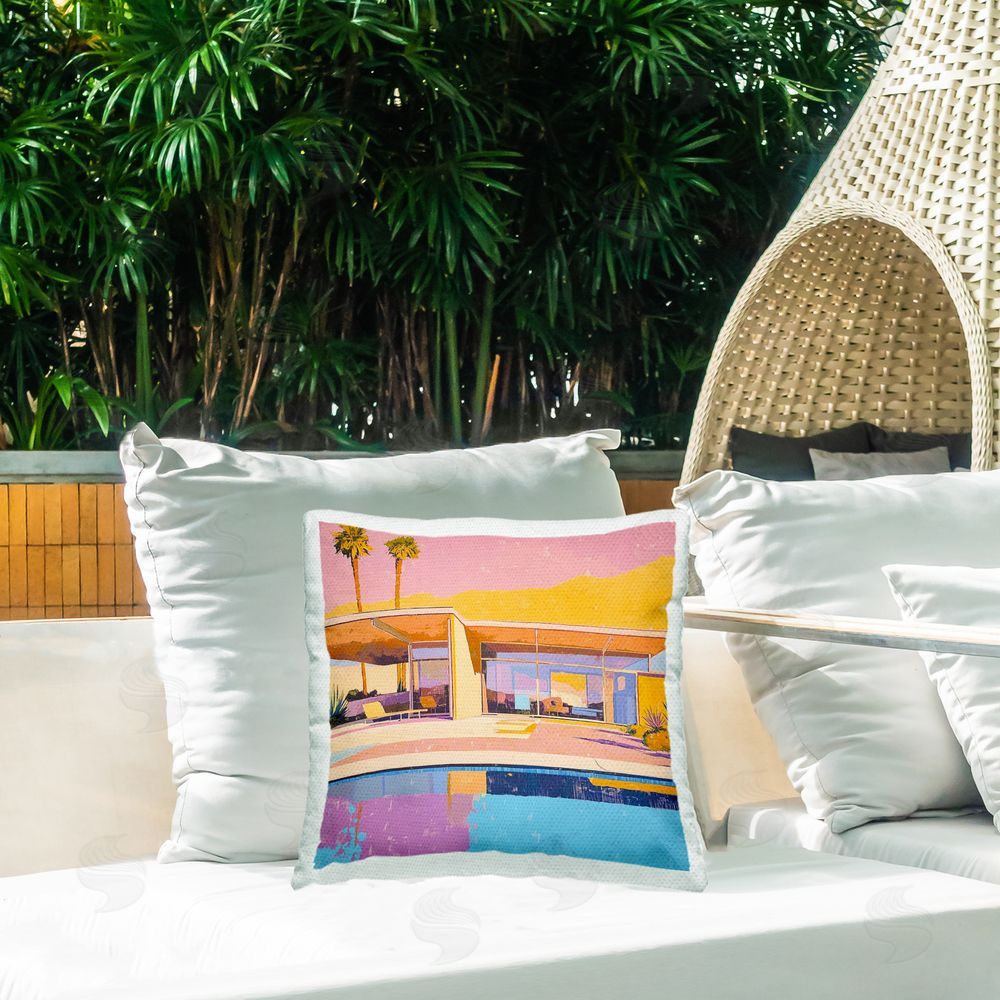 Walker Noble Vivid Villa at Sunset Outdoor Printed Throw Pillow on Patio