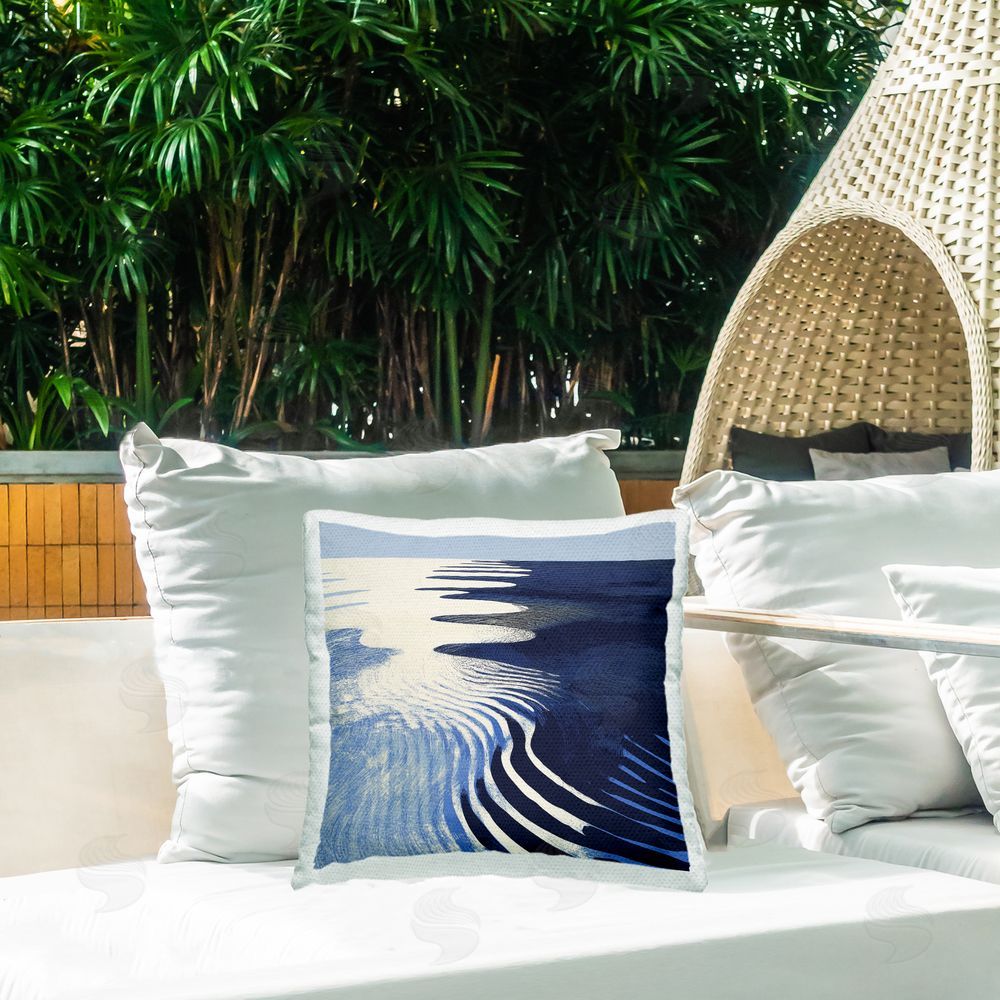 Walker Noble Abstract Cobalt Ripples Outdoor Printed Throw Pillow on Patio