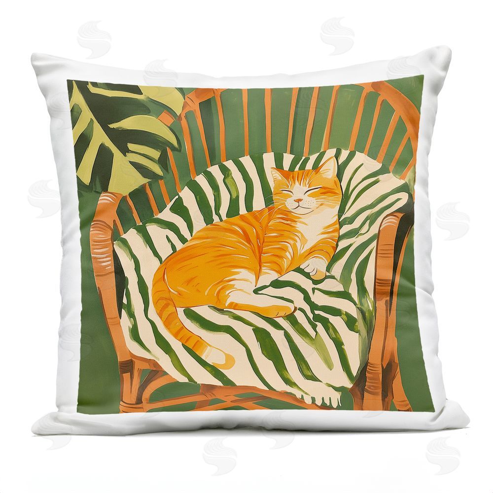 Walker Noble Orange Cat in Rattan Chair Outdoor Printed Throw Pillow