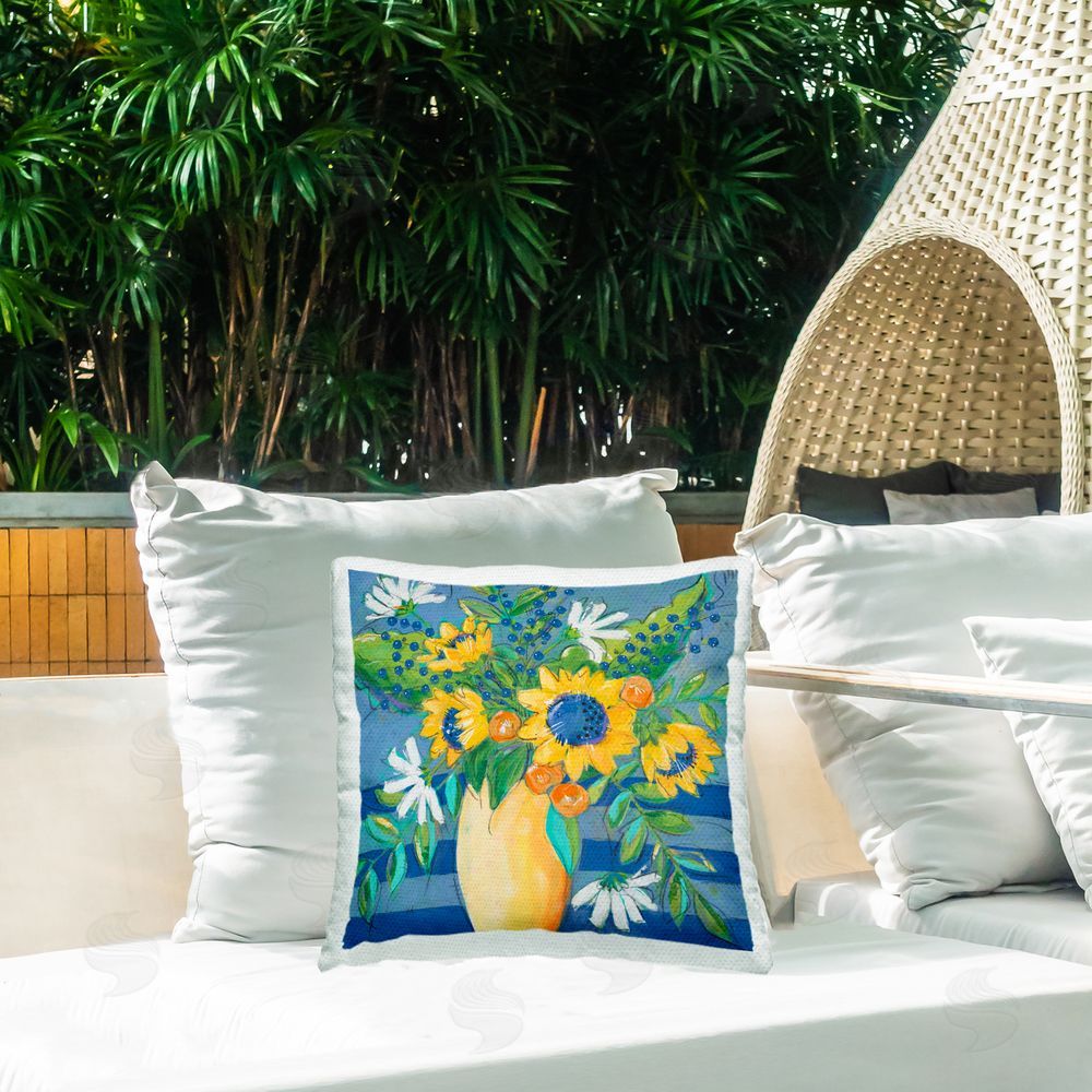 Krinlox Floral Bursts Among Blue Outdoor Printed Throw Pillow on Patio