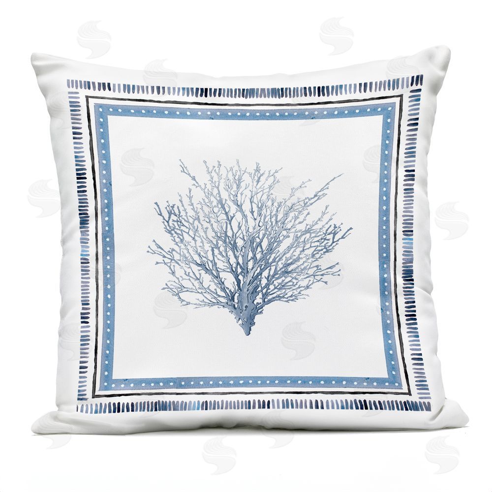 Lanie Loreth Coastal Teal Coral Bordered Outdoor Printed Throw Pillow