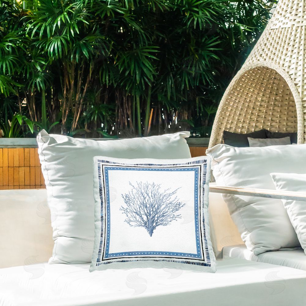 Lanie Loreth Coastal Teal Coral Bordered Outdoor Printed Throw Pillow on Patio