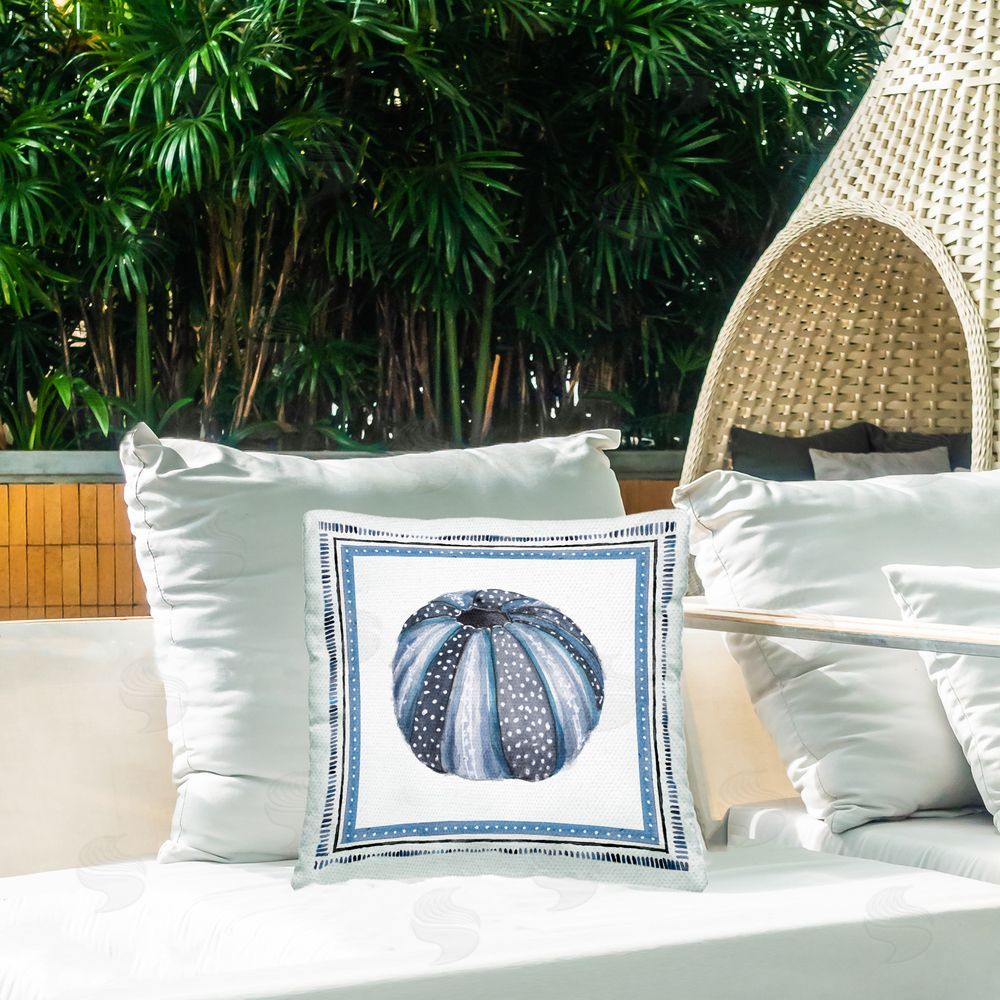 Lanie Loreth Blue Bordered Sea Urchin Outdoor Printed Throw Pillow on Patio