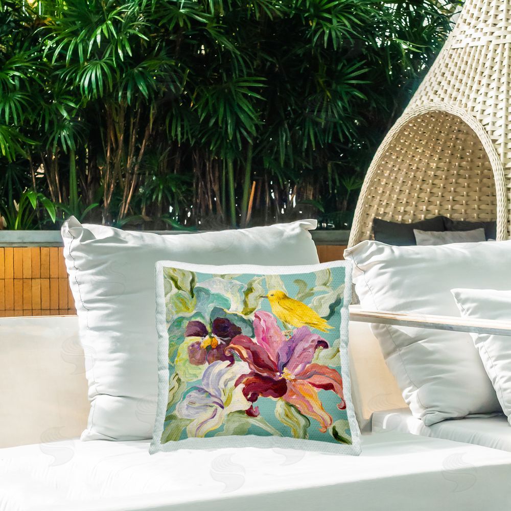 Lanie Loreth Lyrical Garden & Canary Outdoor Printed Throw Pillow on Patio