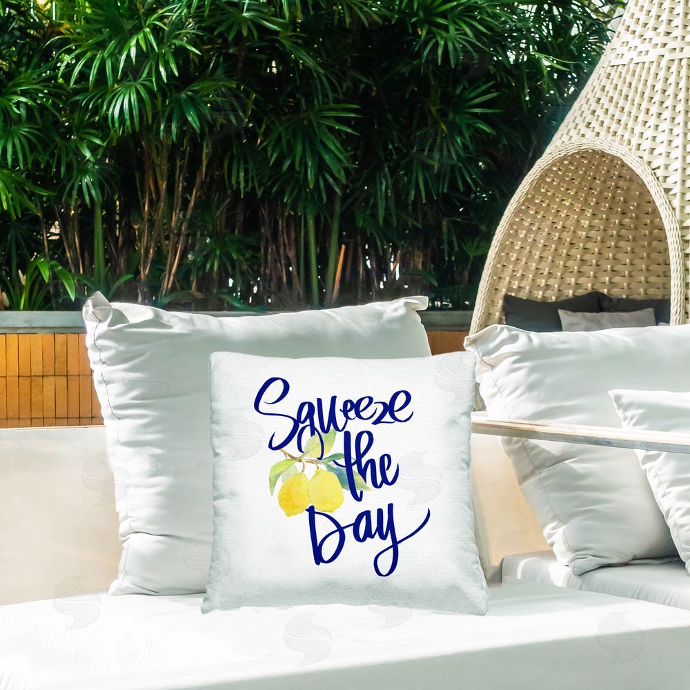Lanie Loreth Cursive Squeeze The Day Outdoor Printed Throw Pillow on Patio