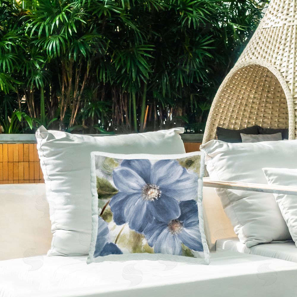 Lanie Loreth Blue Beauty Blossoms Outdoor Printed Throw Pillow on Patio