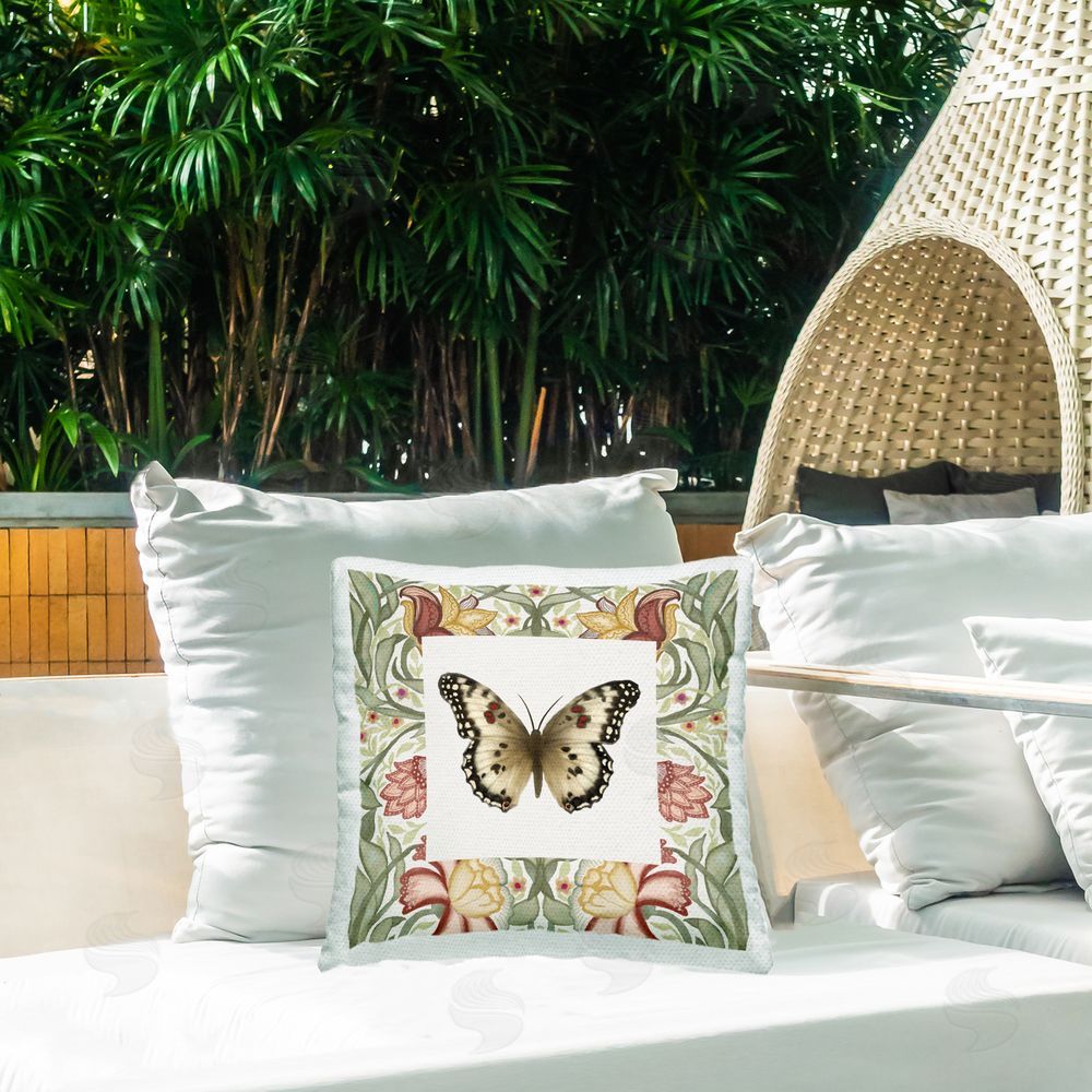 Elizabeth Medley Earthy Vintage Butterfly Florals Outdoor Printed Throw Pillow on Patio