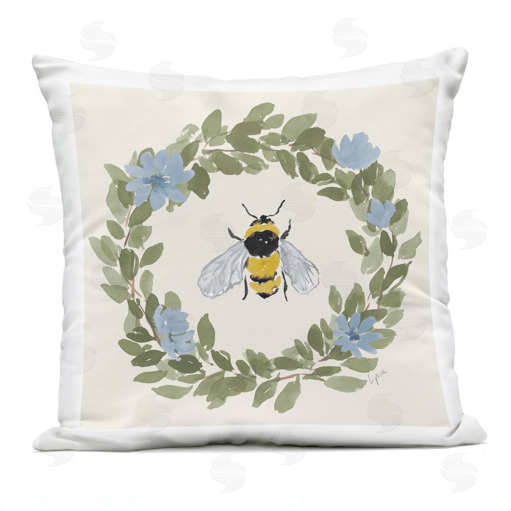 Lucille Price Honey Bee in Blue Wreath Outdoor Printed Throw Pillow