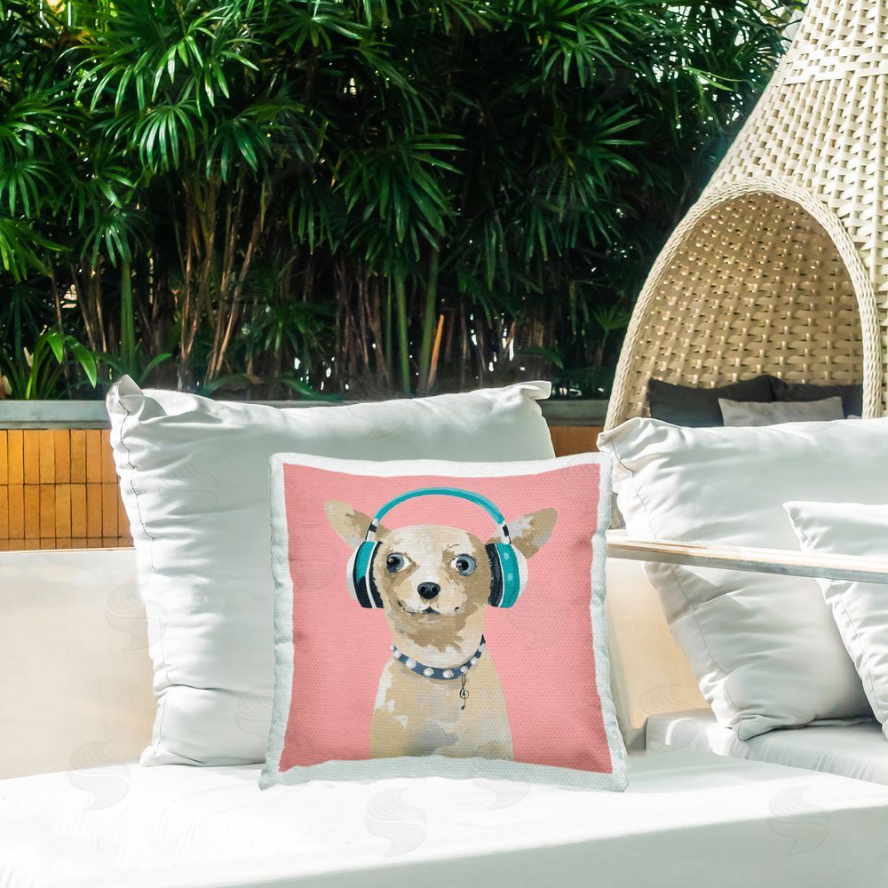 Lorenzo Collective Jammin' Pup on Pink Outdoor Printed Throw Pillow on Patio