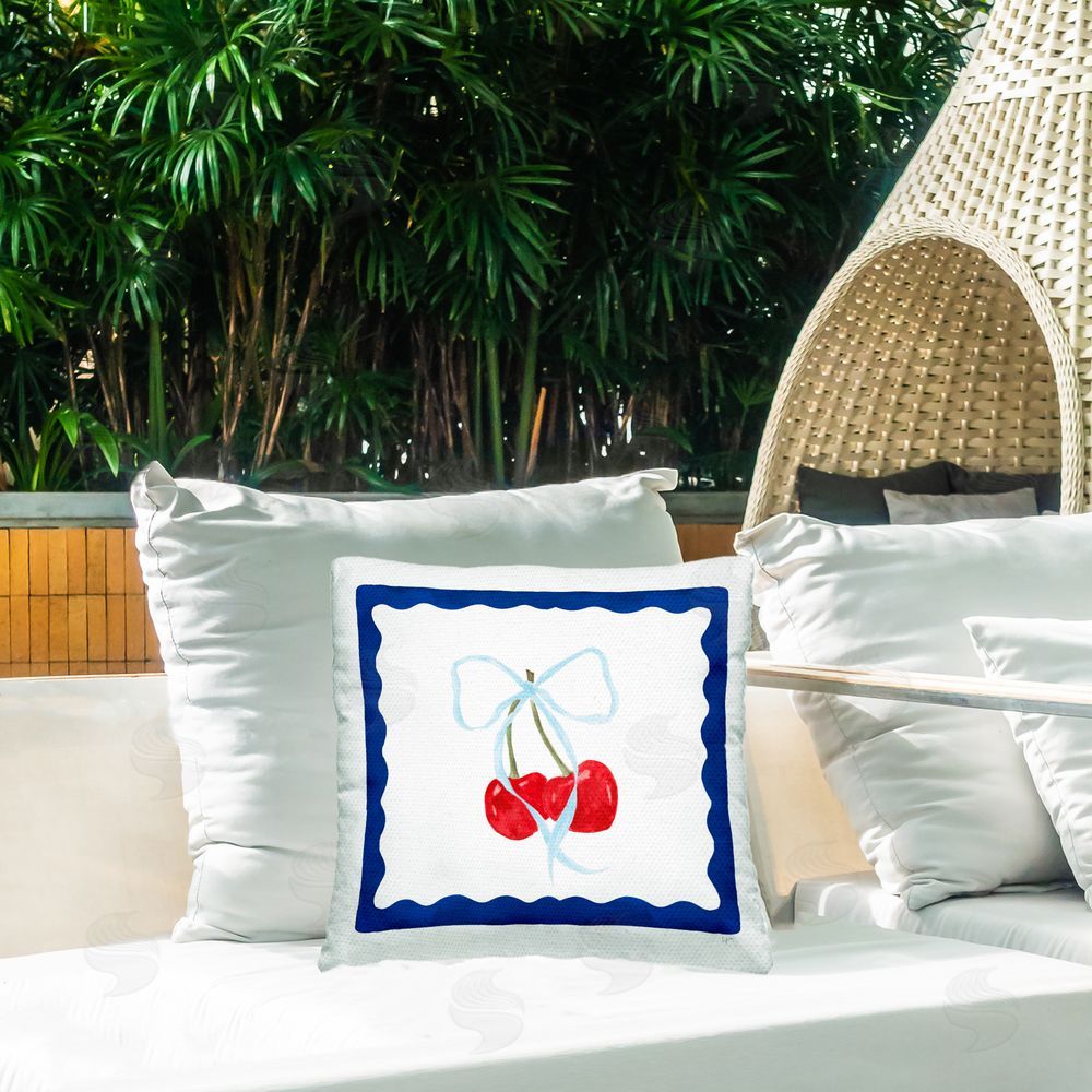 Lucille Price Cherries & Blue Ribbon Outdoor Printed Throw Pillow on Patio