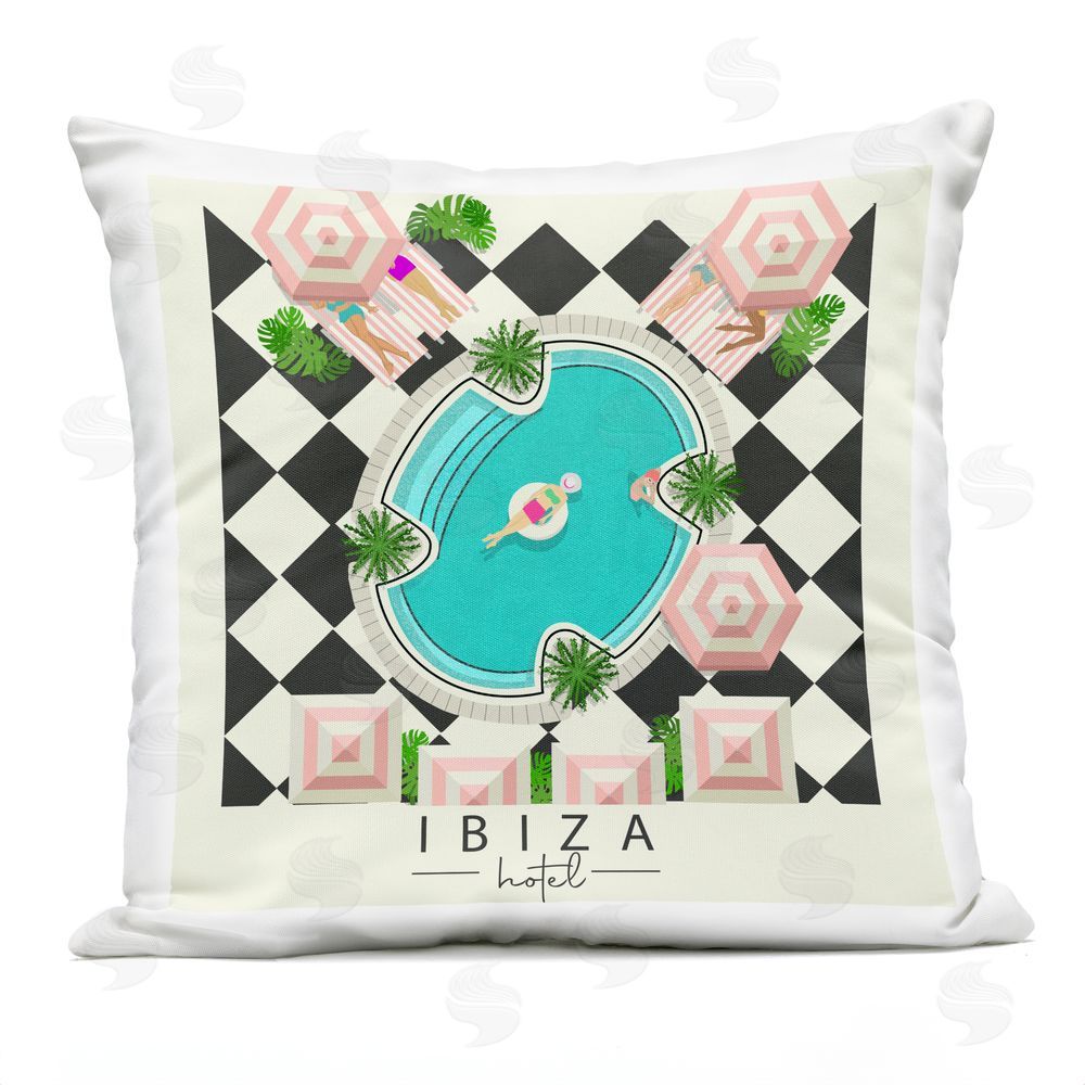 Jen Bucheli Ibiza Hotel Vacation Outdoor Printed Throw Pillow