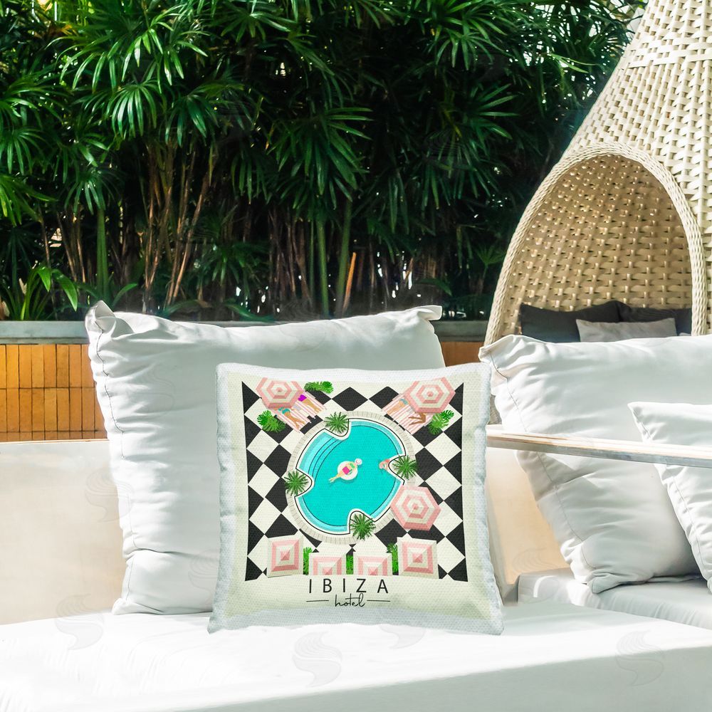 Jen Bucheli Ibiza Hotel Vacation Outdoor Printed Throw Pillow on Patio