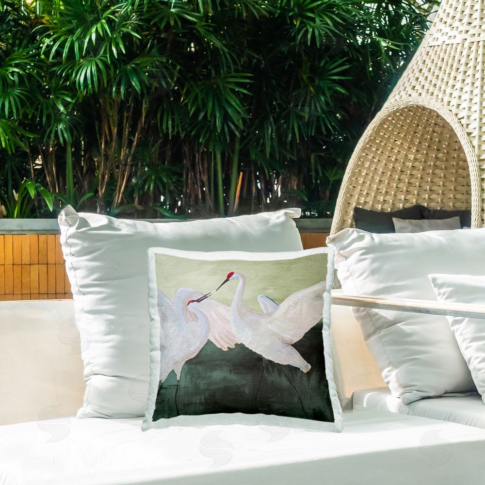 Robin Maria White Sandhill Cranes Outdoor Printed Throw Pillow on Patio