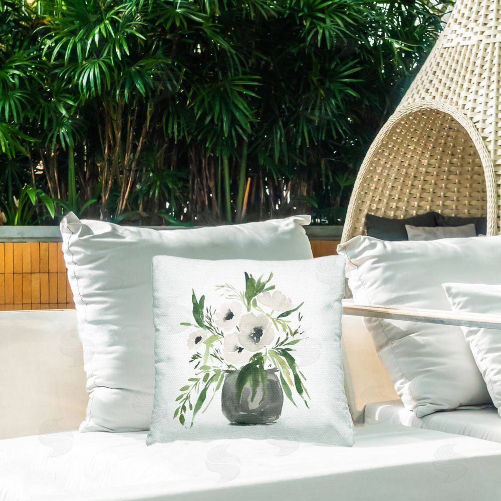 Lucille Price White Anemone Flower Vase Outdoor Printed Throw Pillow on Patio