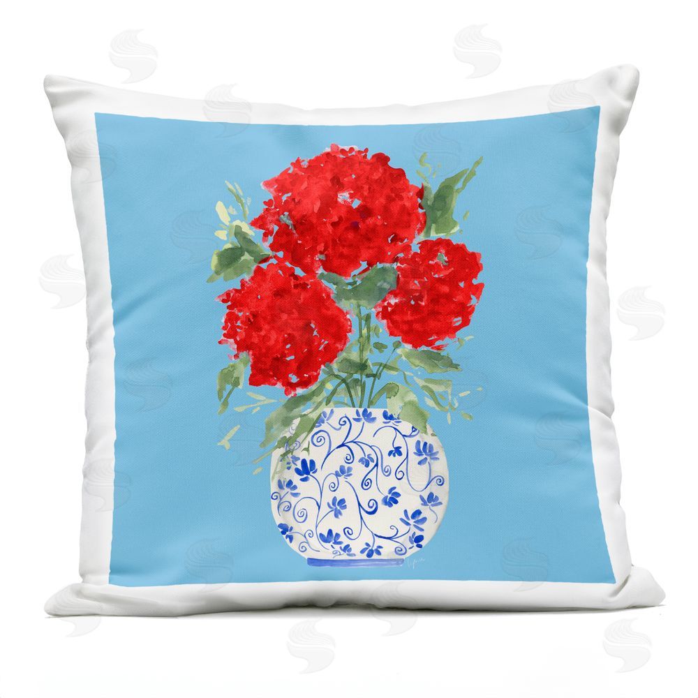 Lucille Price Red on Blue Hydrangeas Outdoor Printed Throw Pillow