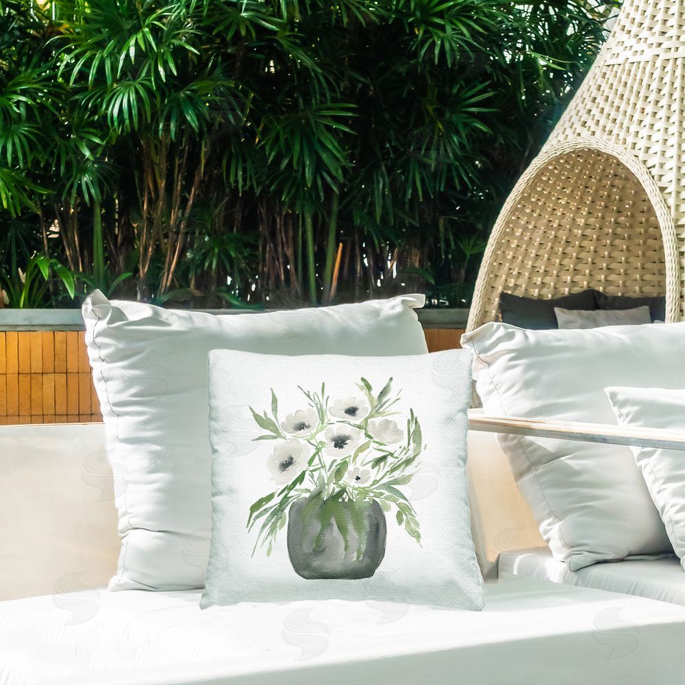 Lucille Price White Anemone Blooms Outdoor Printed Throw Pillow on Patio