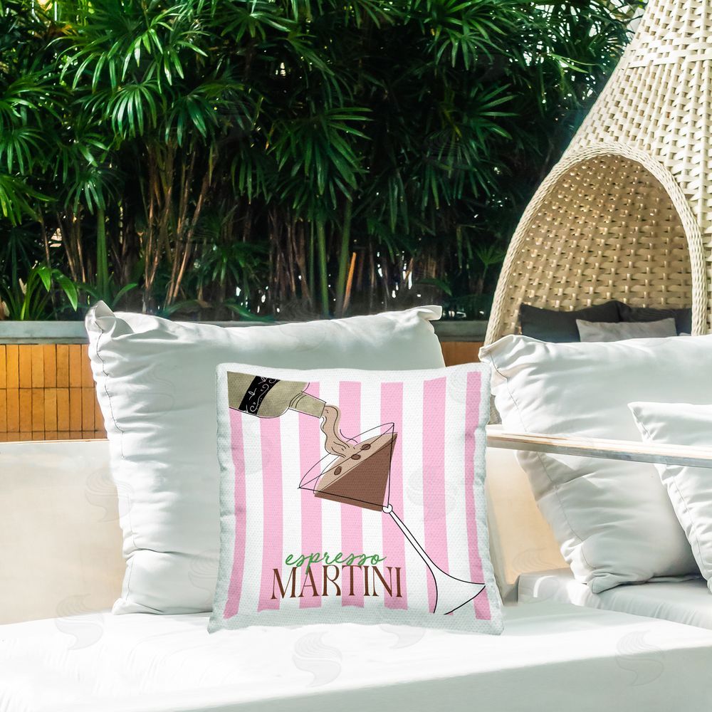 Deidre Mosher Espresso Martini Pink Stripes Outdoor Printed Throw Pillow on Patio