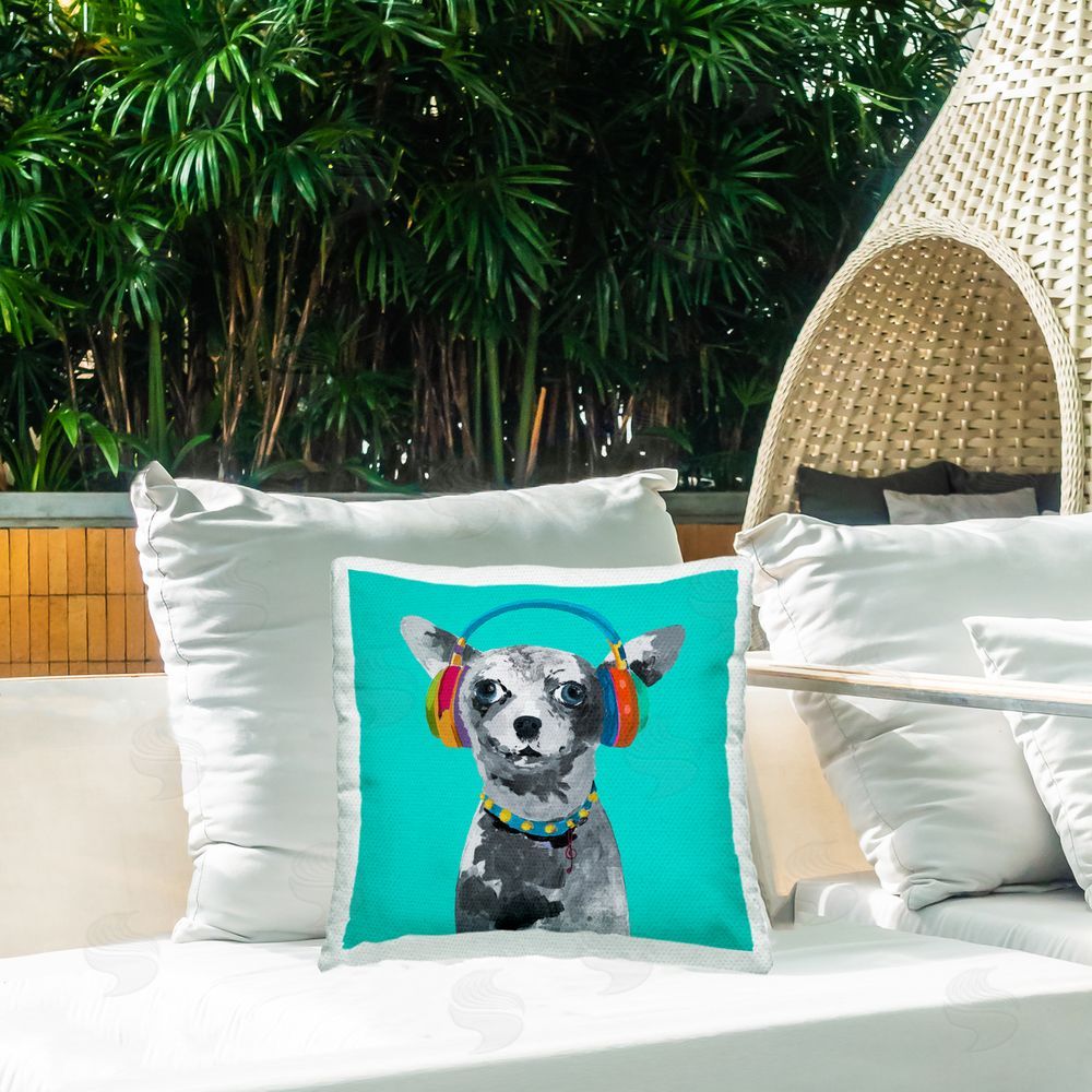 Lorenzo Collective Jammin' Pup on Blue Outdoor Printed Throw Pillow on Patio