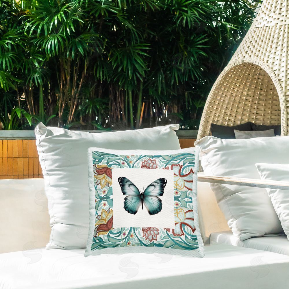 Elizabeth Medley Blue Vintage Butterfly Florals Outdoor Printed Throw Pillow on Patio