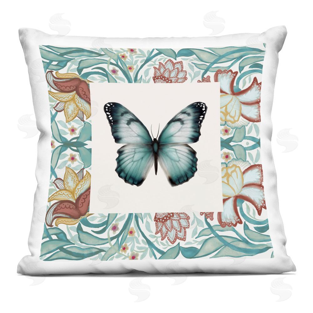 Elizabeth Medley Blue Vintage Butterfly Florals Printed Throw Pillow 