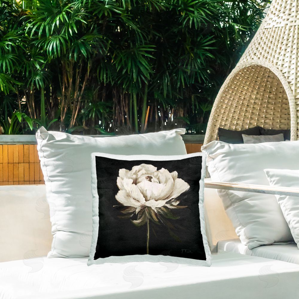 Patricia Pinto Pretty Delicate Bloom on Black Outdoor Printed Throw Pillow on Patio