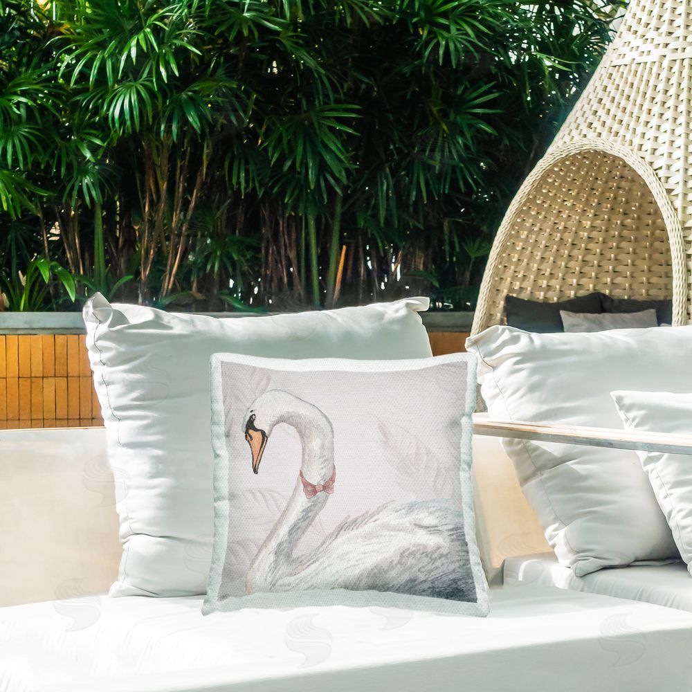 Elizabeth Medley Soft Classic Swan & Bow Outdoor Printed Throw Pillow on Patio