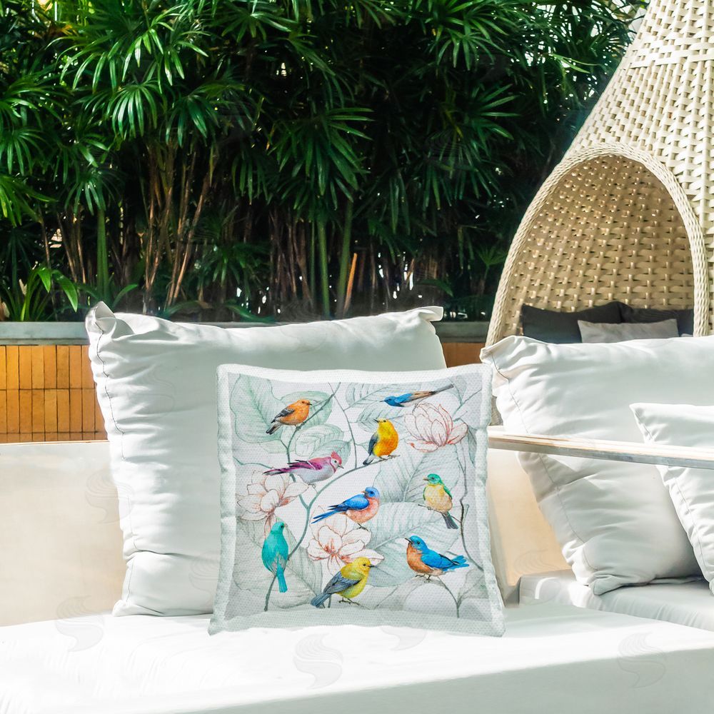 Lorenzo Collective Colorful Array of Birds Outdoor Printed Throw Pillow on Patio