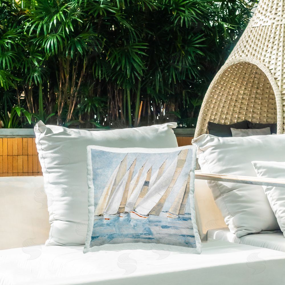 Lorenzo Collective Sailboat Regatta Coastal Scene Outdoor Printed Throw Pillow on Patio