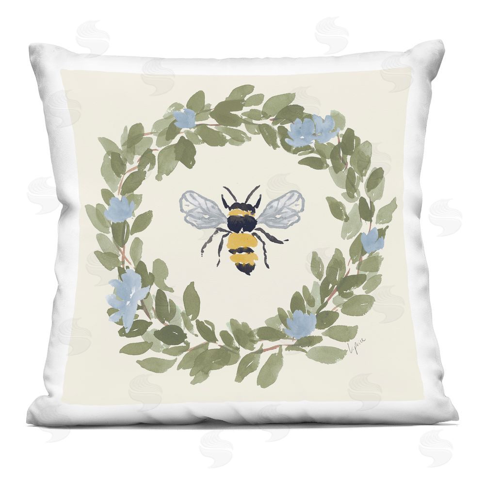 Lucille Price Bee in Blue Wreath Printed Throw Pillow 