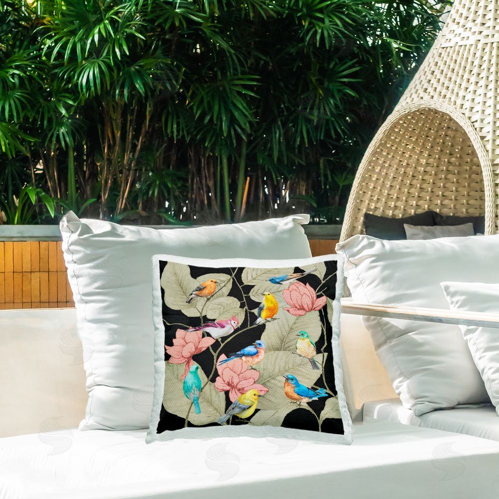 Lorenzo Collective Tropical Array of Birds Outdoor Printed Throw Pillow on Patio