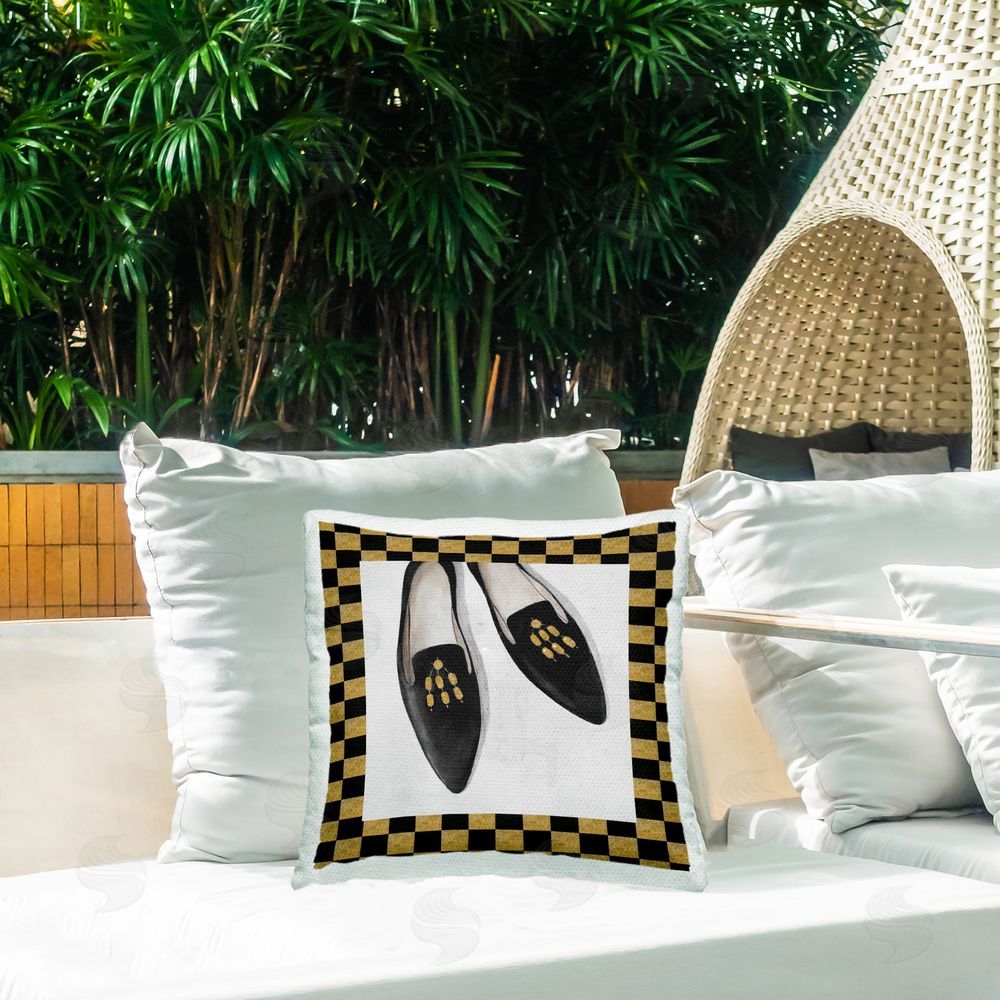 Lorenzo Collective Glam Black Flats Outdoor Printed Throw Pillow on Patio