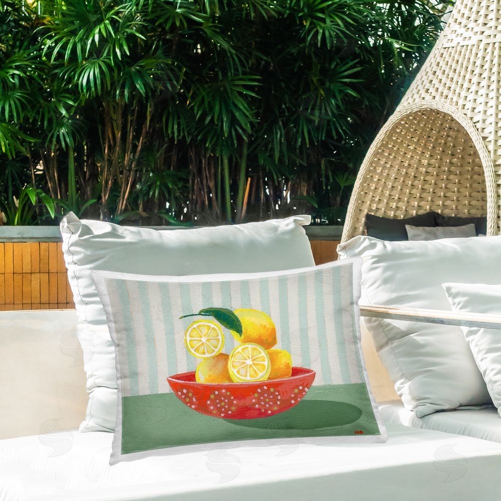 Rachael Reese Lemon Bowl with Stripes Outdoor Printed Lumbar Throw Pillow on Seat