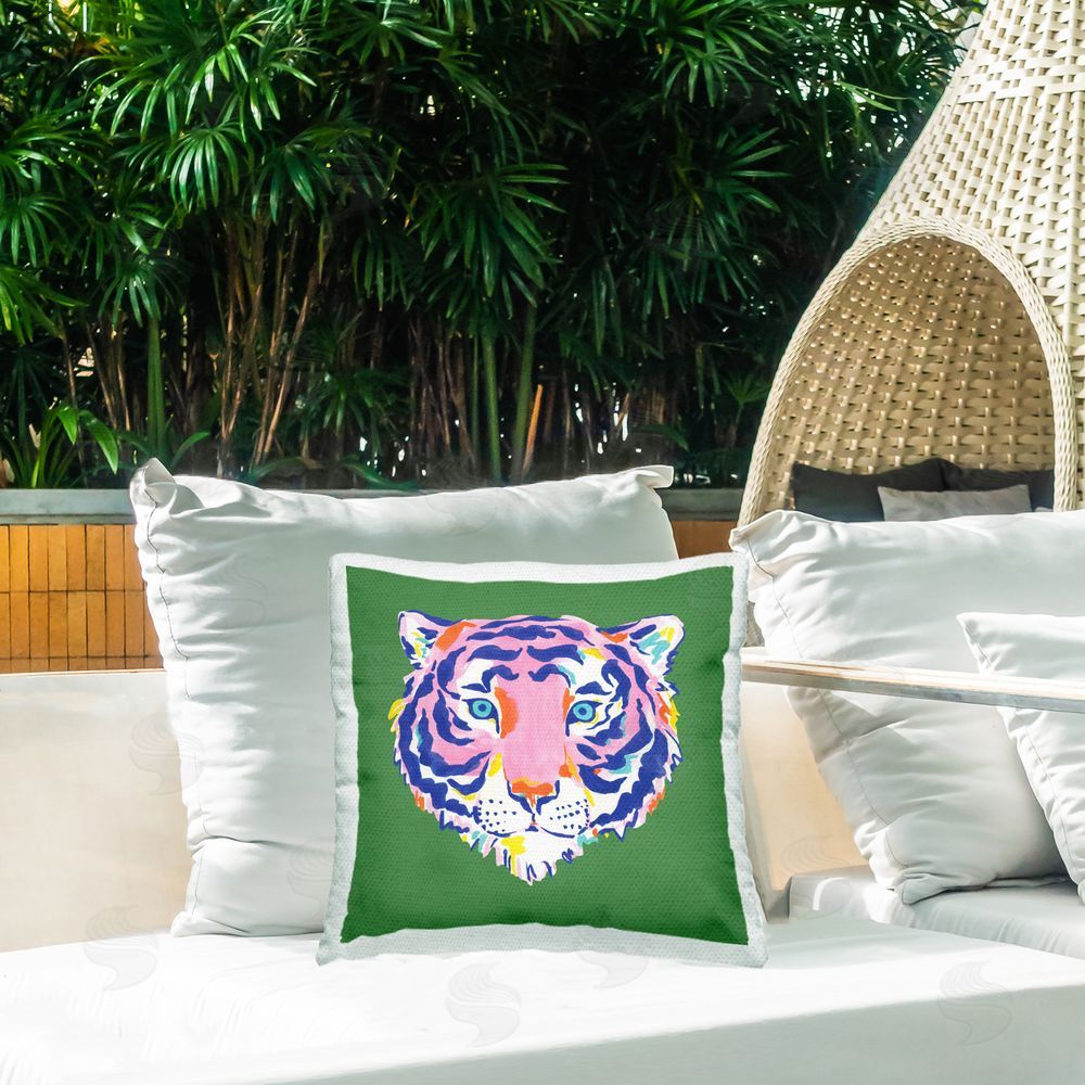 Karolina Sato Exotic Boho Tiger Face Outdoor Square Printed Throw Pillow on Seat