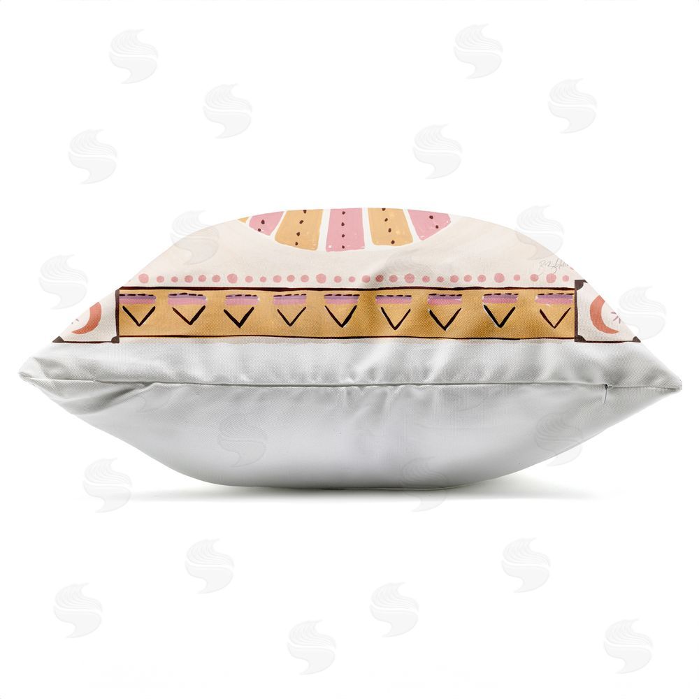 Two If By Sea Studios Pink Sun Face with Geometric Border Outdoor Square Printed Throw Pillow Side View with Zipper Detail