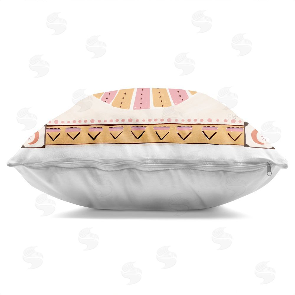 Two If By Sea Studios Pink Sun Face with Geometric Border Square Printed Throw Pillow Side View with Zipper Detail