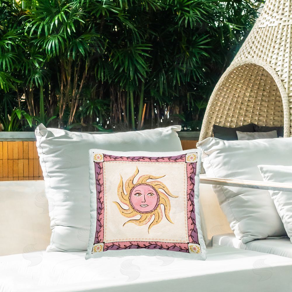 Two If By Sea Studios Pink Sun Face with Leaf Border Outdoor Square Printed Throw Pillow on Seat