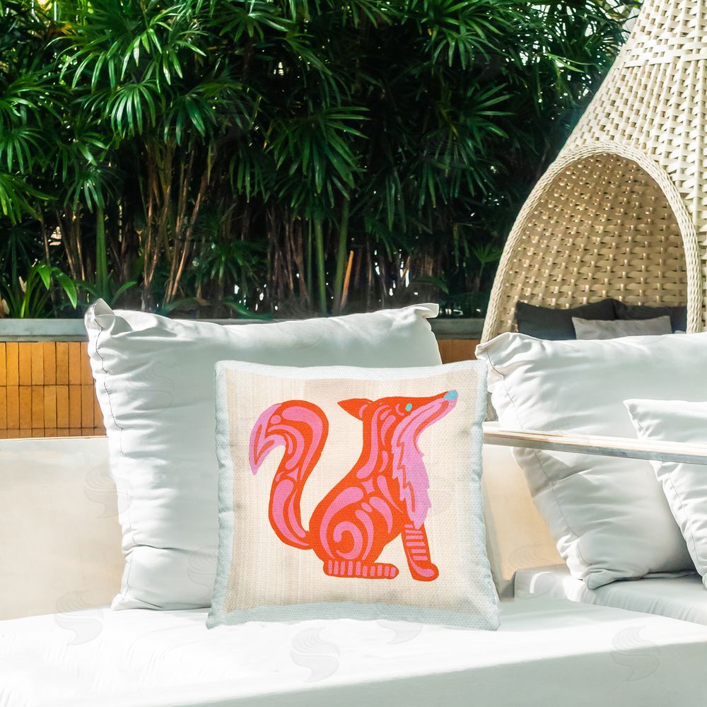 The Paper Curator Whimsical Folk Fox Vibrance Outdoor Square Printed Throw Pillow on Seat