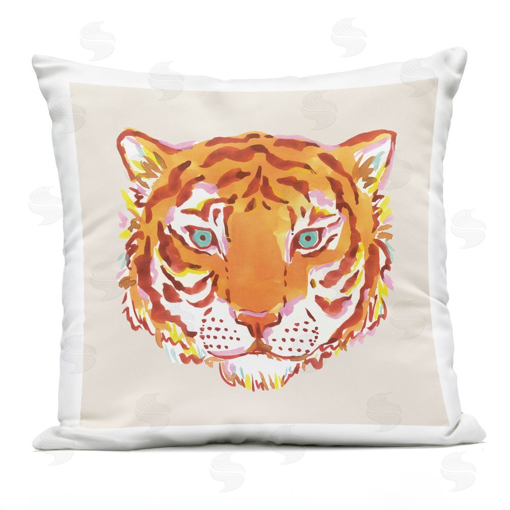 Karolina Sato Orange Boho Tiger Face Outdoor Square Printed Throw Pillow
