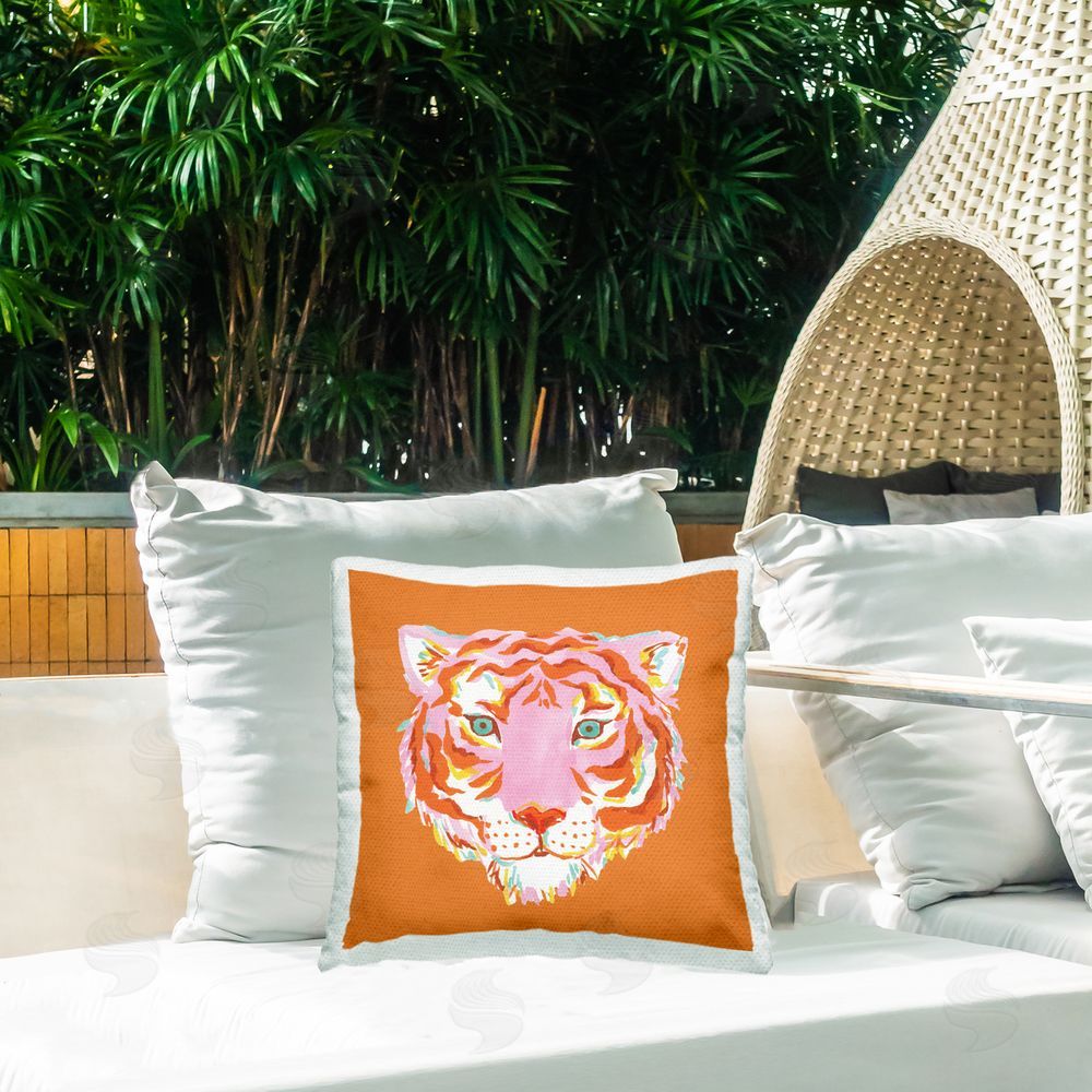 Karolina Sato Fun Bold Orange Tiger Outdoor Square Printed Throw Pillow on Seat