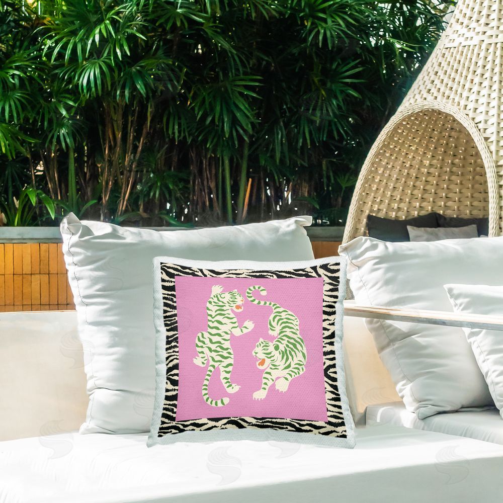 Karolina Sato Purple & Green Twin Tigers Outdoor Square Printed Throw Pillow on Seat